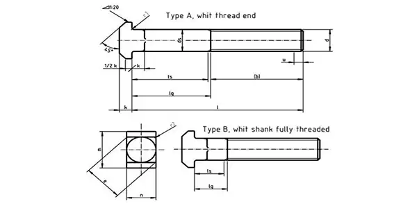 Square Neck Head Bolts Drawing